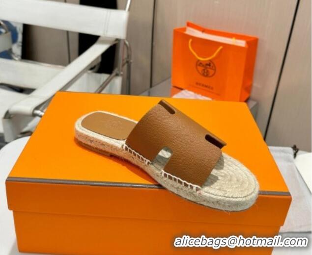 Low Cost Hermes Izmir Espadrille Flat Slides Sandal in Palm-Grained Leather Brown 815061