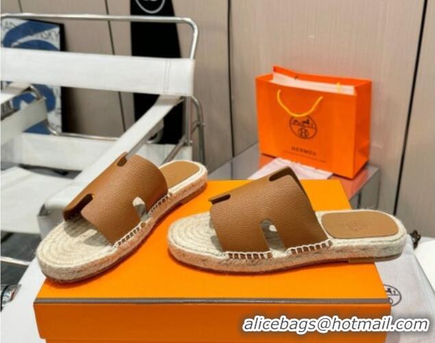 Low Cost Hermes Izmir Espadrille Flat Slides Sandal in Palm-Grained Leather Brown 815061