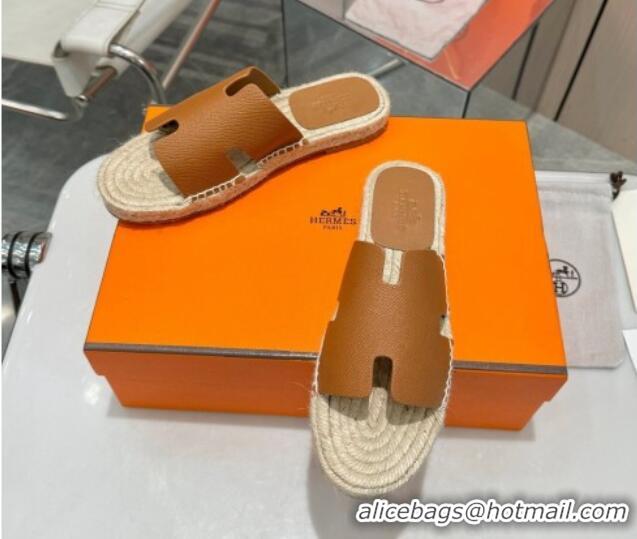 Low Cost Hermes Izmir Espadrille Flat Slides Sandal in Palm-Grained Leather Brown 815061