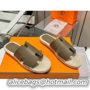 Low Price Hermes Izmir Espadrille Flat Slides Sandal in Palm-Grained Leather Khaki Green 815062