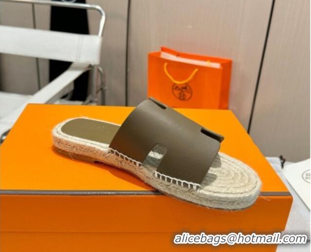 Low Price Hermes Izmir Espadrille Flat Slides Sandal in Palm-Grained Leather Khaki Green 815062