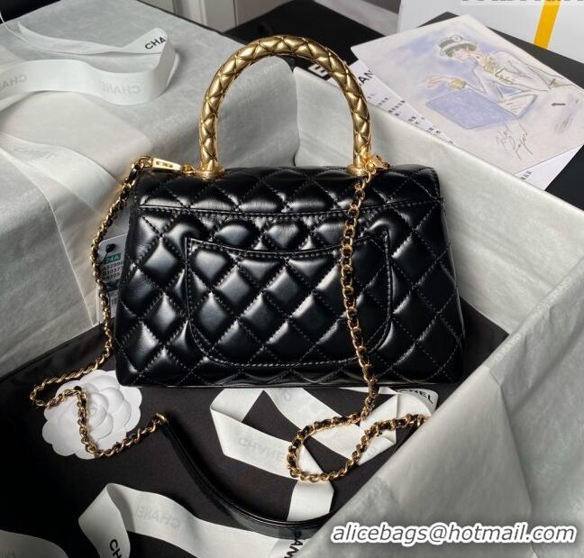 Buy Discount Chanel Shiny Calfskin Small Coco Flap Bag with Metal Top Handle A92990 Black 2024