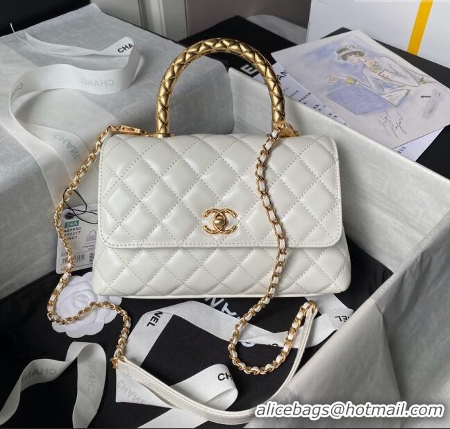 Luxurious Chanel Shiny Calfskin Small Coco Flap Bag with Metal Top Handle A92990 White 2024