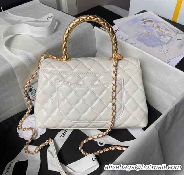 Luxurious Chanel Shiny Calfskin Small Coco Flap Bag with Metal Top Handle A92990 White 2024