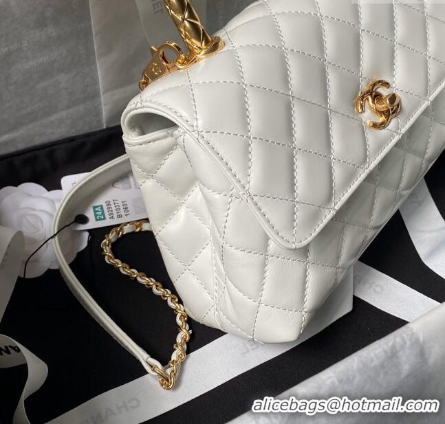 Luxurious Chanel Shiny Calfskin Small Coco Flap Bag with Metal Top Handle A92990 White 2024