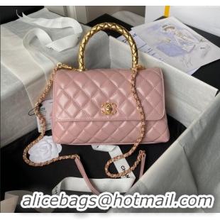 Best Price Chanel Shiny Calfskin Small Coco Flap Bag with Metal Top Handle A92990 Pink 2024