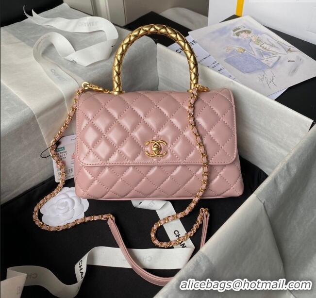 Best Price Chanel Shiny Calfskin Small Coco Flap Bag with Metal Top Handle A92990 Pink 2024