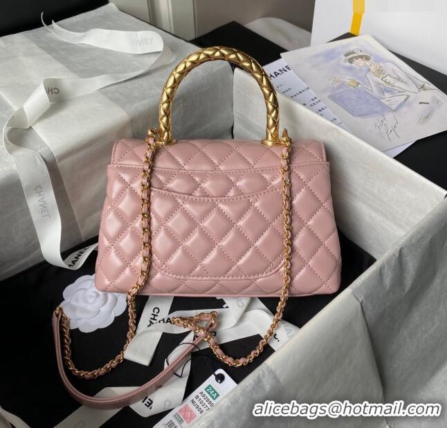 Best Price Chanel Shiny Calfskin Small Coco Flap Bag with Metal Top Handle A92990 Pink 2024