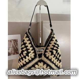 Top Design Miu Miu Straw Hobo Bag 0402 Beige/Black 2024