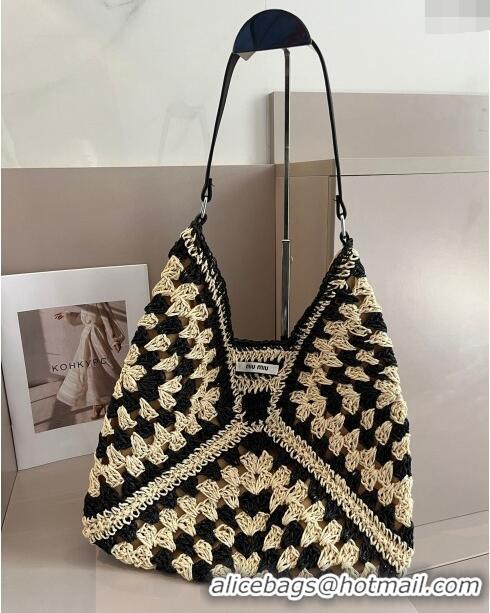 Top Design Miu Miu Straw Hobo Bag 0402 Beige/Black 2024