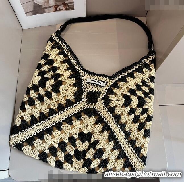 Top Design Miu Miu Straw Hobo Bag 0402 Beige/Black 2024