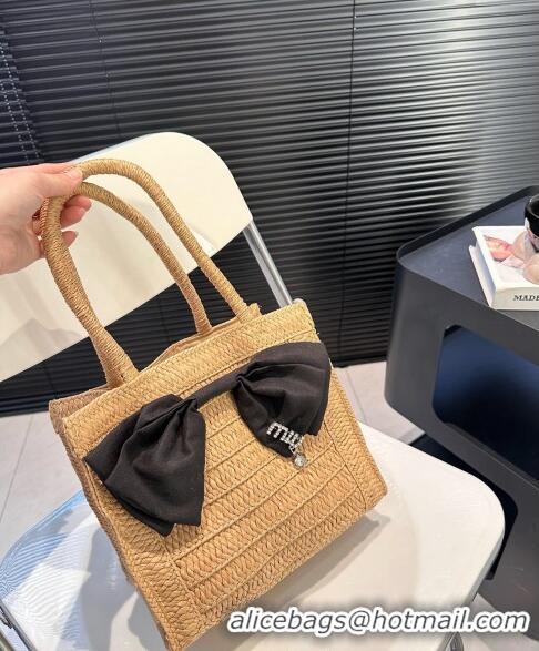 Pretty Style Miu Miu Raffia Straw Tote bag with Bow 0402 Khaki 2024