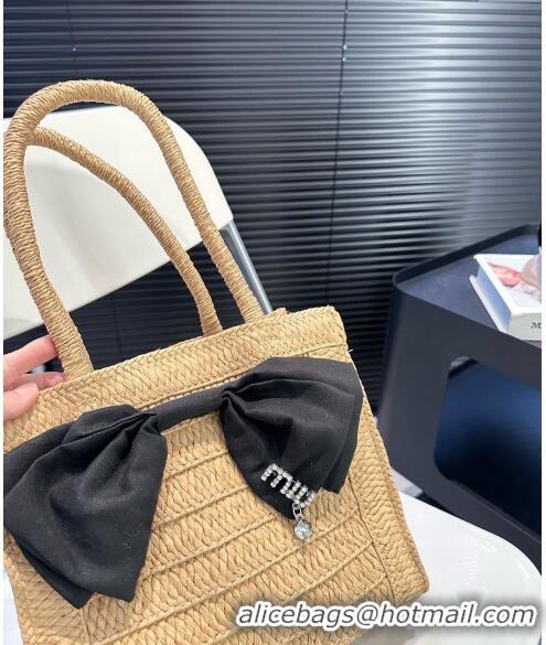 Pretty Style Miu Miu Raffia Straw Tote bag with Bow 0402 Khaki 2024