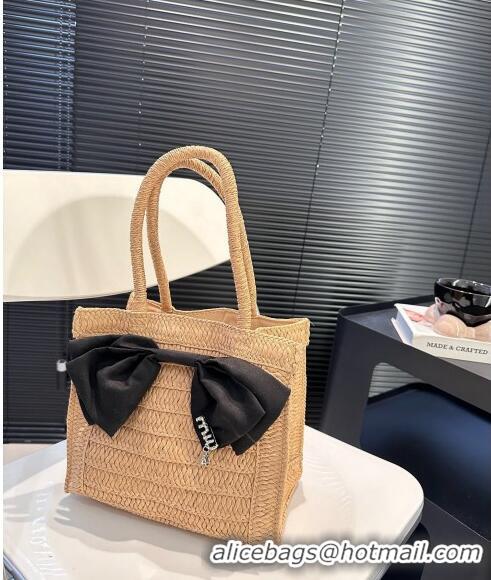 Pretty Style Miu Miu Raffia Straw Tote bag with Bow 0402 Khaki 2024