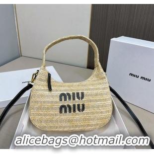 Luxurious Miu Miu Wander Straw Hobo Bag 0402 Beige/Black 2024