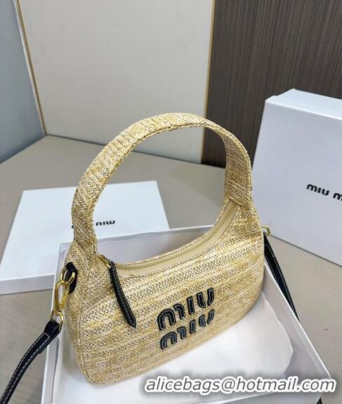 Luxurious Miu Miu Wander Straw Hobo Bag 0402 Beige/Black 2024