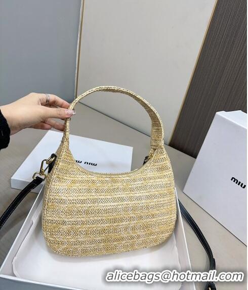 Luxurious Miu Miu Wander Straw Hobo Bag 0402 Beige/Black 2024