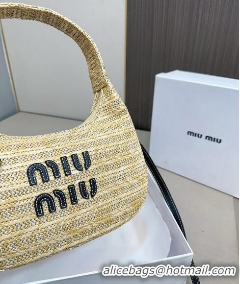 Luxurious Miu Miu Wander Straw Hobo Bag 0402 Beige/Black 2024