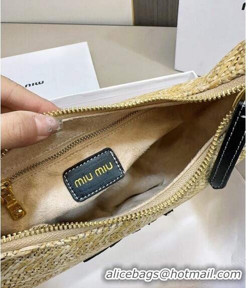 Luxurious Miu Miu Wander Straw Hobo Bag 0402 Beige/Black 2024