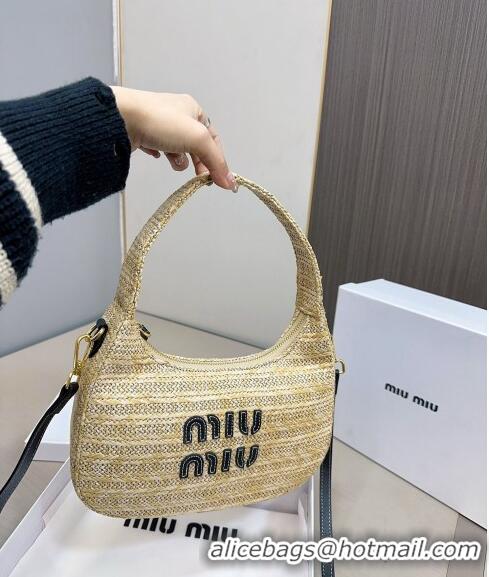 Luxurious Miu Miu Wander Straw Hobo Bag 0402 Beige/Black 2024