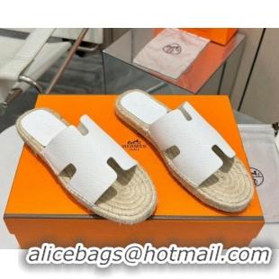 Buy Luxury Hermes Izmir Espadrille Flat Slides Sandal in Palm-Grained Leather White 815063