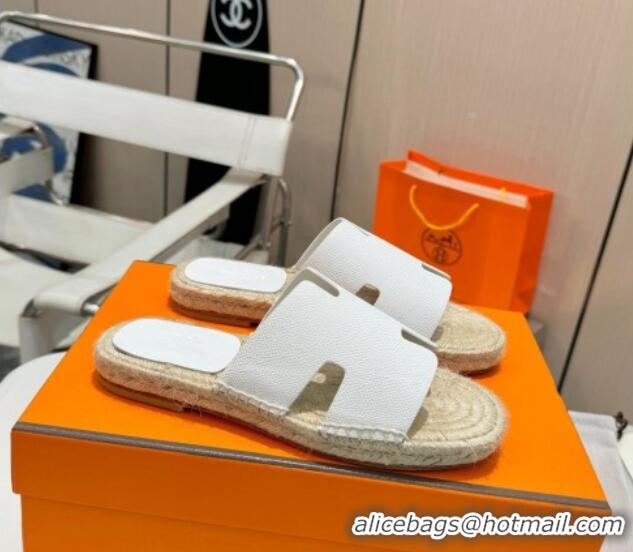 Buy Luxury Hermes Izmir Espadrille Flat Slides Sandal in Palm-Grained Leather White 815063