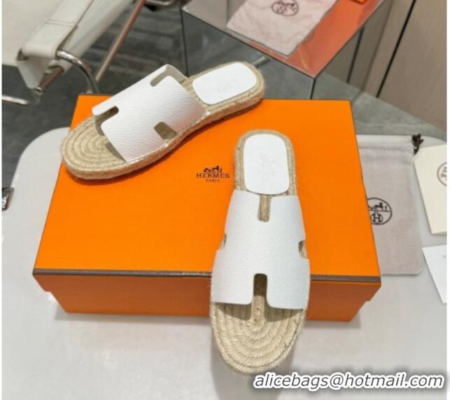 Buy Luxury Hermes Izmir Espadrille Flat Slides Sandal in Palm-Grained Leather White 815063