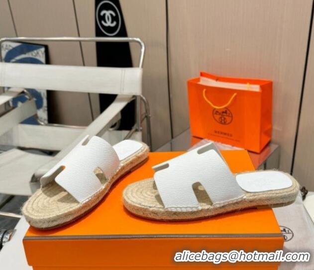 Buy Luxury Hermes Izmir Espadrille Flat Slides Sandal in Palm-Grained Leather White 815063