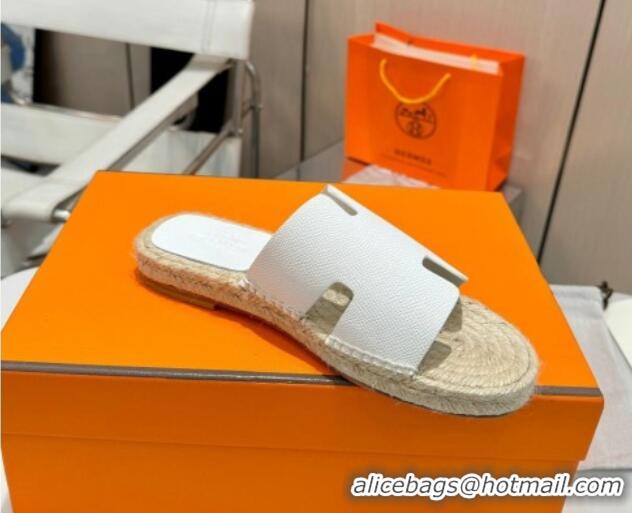 Buy Luxury Hermes Izmir Espadrille Flat Slides Sandal in Palm-Grained Leather White 815063