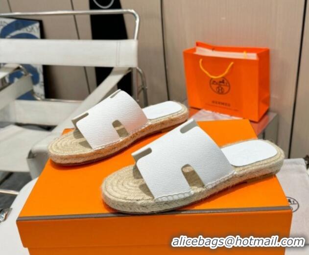 Buy Luxury Hermes Izmir Espadrille Flat Slides Sandal in Palm-Grained Leather White 815063