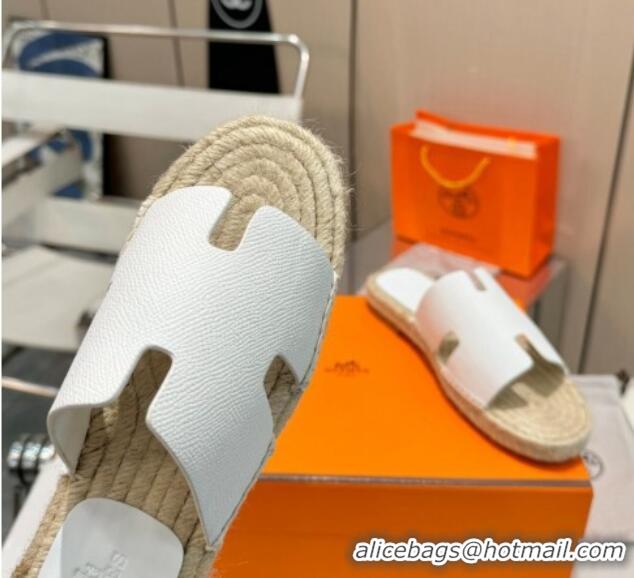 Buy Luxury Hermes Izmir Espadrille Flat Slides Sandal in Palm-Grained Leather White 815063