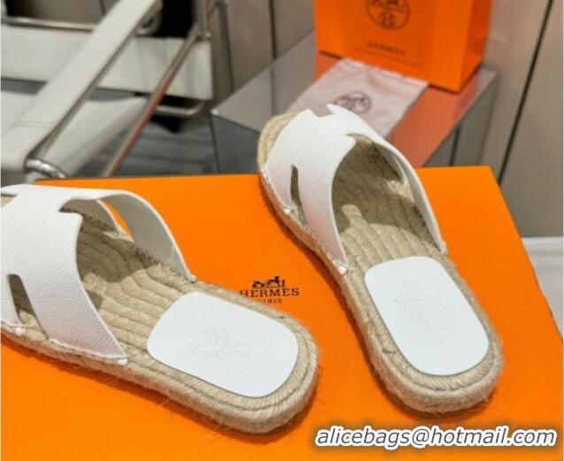 Buy Luxury Hermes Izmir Espadrille Flat Slides Sandal in Palm-Grained Leather White 815063