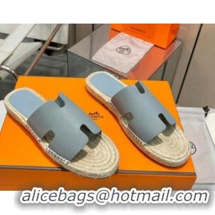 Classic Hot Hermes Izmir Espadrille Flat Slides Sandal in Palm-Grained Leather Light Grey 815064