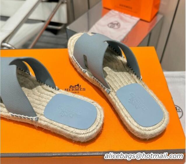 Classic Hot Hermes Izmir Espadrille Flat Slides Sandal in Palm-Grained Leather Light Grey 815064