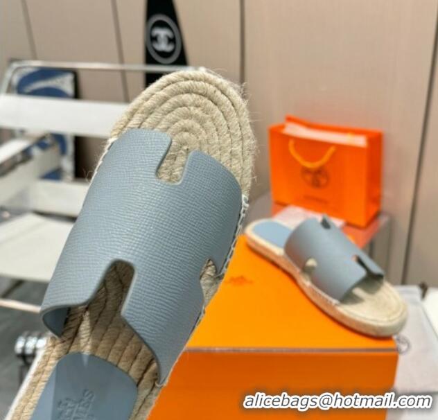 Classic Hot Hermes Izmir Espadrille Flat Slides Sandal in Palm-Grained Leather Light Grey 815064