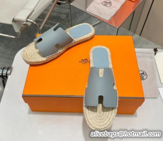 Classic Hot Hermes Izmir Espadrille Flat Slides Sandal in Palm-Grained Leather Light Grey 815064