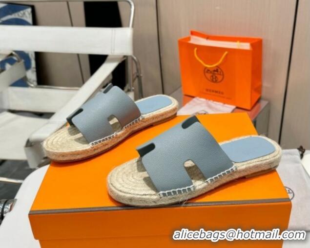 Classic Hot Hermes Izmir Espadrille Flat Slides Sandal in Palm-Grained Leather Light Grey 815064