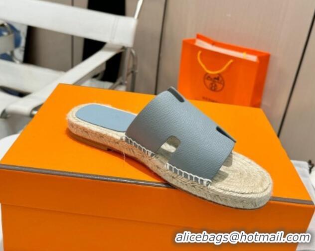 Classic Hot Hermes Izmir Espadrille Flat Slides Sandal in Palm-Grained Leather Light Grey 815064