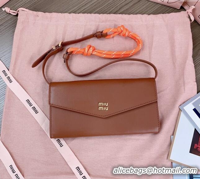 Classic Grade Miu Miu Leather wallet with leather and cord shoulder strap 5MT025 Brown 2024