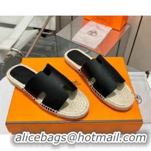 Fashion Hermes Izmir Espadrille Flat Slides Sandal in Palm-Grained Leather Black 815065