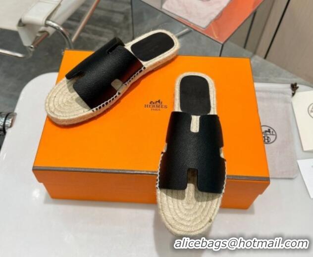 Fashion Hermes Izmir Espadrille Flat Slides Sandal in Palm-Grained Leather Black 815065