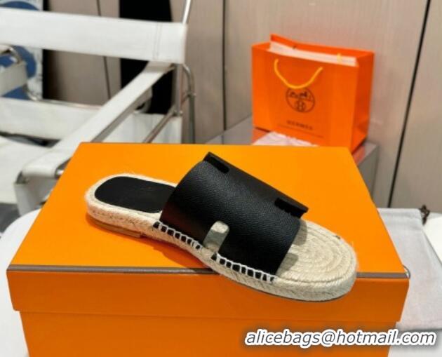 Fashion Hermes Izmir Espadrille Flat Slides Sandal in Palm-Grained Leather Black 815065