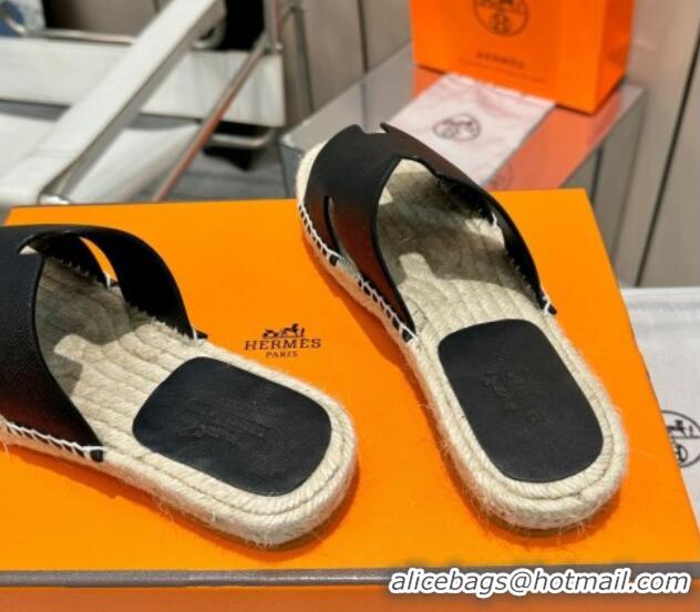 Fashion Hermes Izmir Espadrille Flat Slides Sandal in Palm-Grained Leather Black 815065