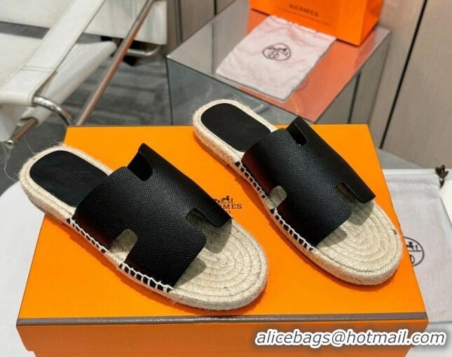 Fashion Hermes Izmir Espadrille Flat Slides Sandal in Palm-Grained Leather Black 815065