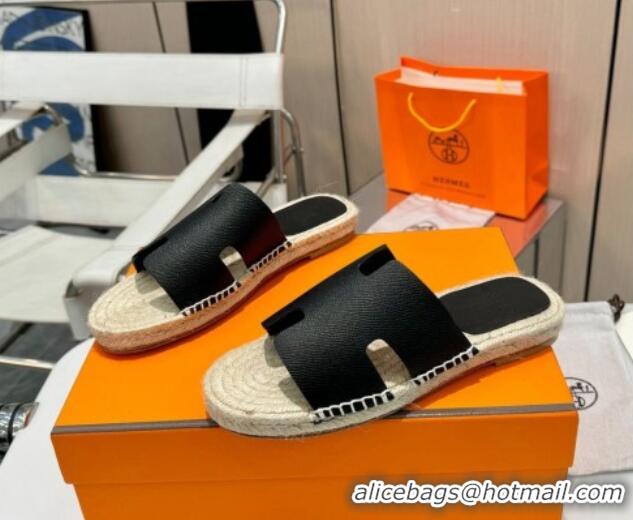 Fashion Hermes Izmir Espadrille Flat Slides Sandal in Palm-Grained Leather Black 815065