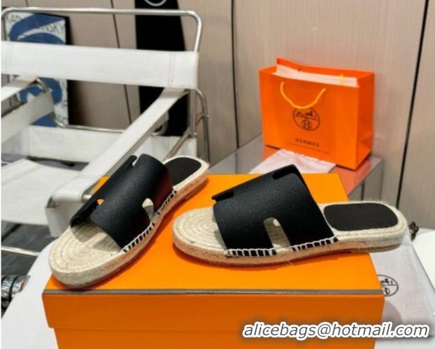 Fashion Hermes Izmir Espadrille Flat Slides Sandal in Palm-Grained Leather Black 815065