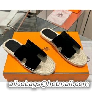 Luxury Cheap Hermes Izmir Espadrille Flat Slides Sandal in Suede Black 815066