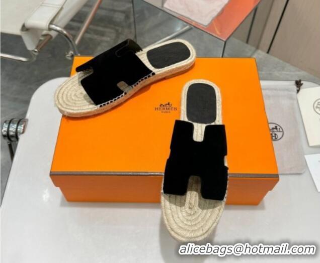 Luxury Cheap Hermes Izmir Espadrille Flat Slides Sandal in Suede Black 815066