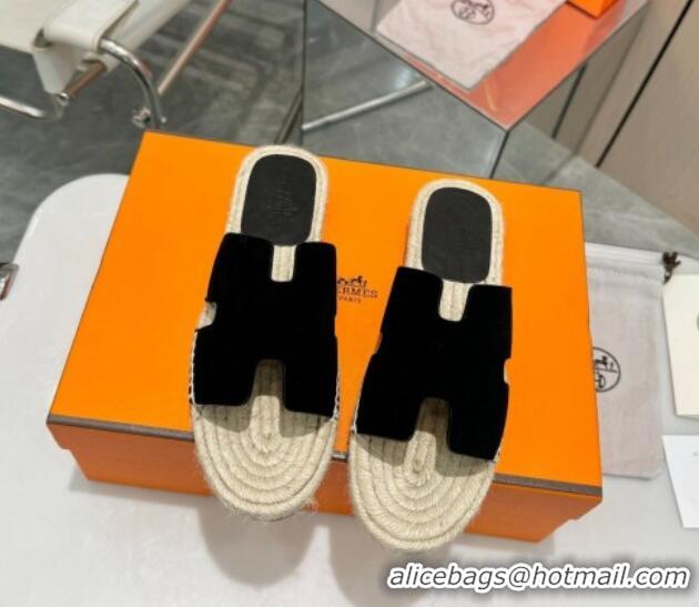 Luxury Cheap Hermes Izmir Espadrille Flat Slides Sandal in Suede Black 815066