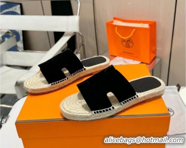 Luxury Cheap Hermes Izmir Espadrille Flat Slides Sandal in Suede Black 815066